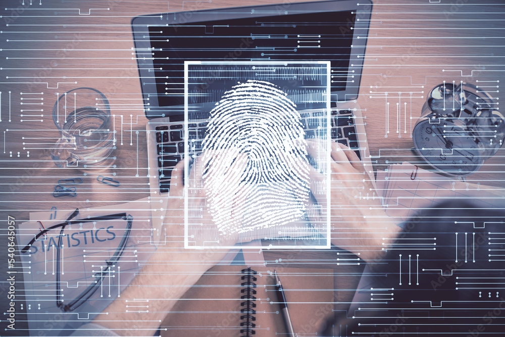 Poster Double exposure of man's hands typing over computer keyboard and finger print hologram drawing. Top view. Personal security concept.