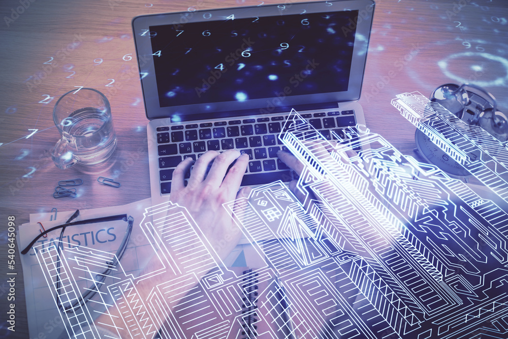 Aufkleber Double exposure of man's hands typing over computer keyboard and buildings drawing. Top view. smart city concept.