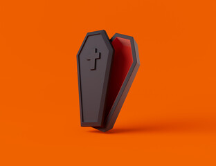 Simple halloween coffin 3d render illustration. Isolated object on yellow background