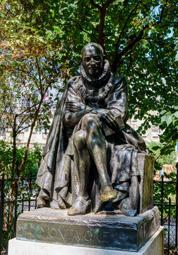 Paris, France - August 11 2020: Statue of French Philosopher Michel Eyquem de Montaigne (1533-1592) at Square Paul Painleve near the Sorbonne by Paul Landowski - Paris, France