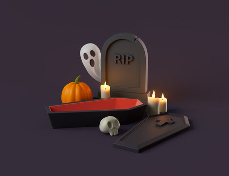 Simple halloween tombstone opened coffin, skull, ghost, pumpkin and switches 3d render illustration.