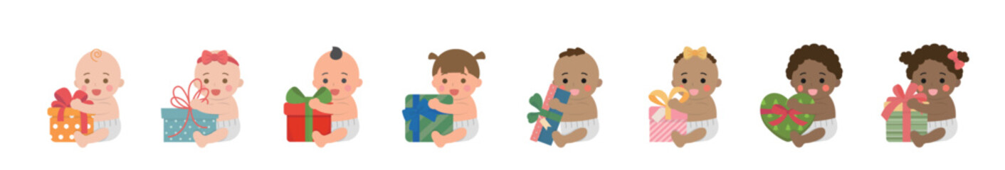 Set of happy cute babies or toddlers with gift boxes, christmas or birthday, giving gifts, vector cartoon style