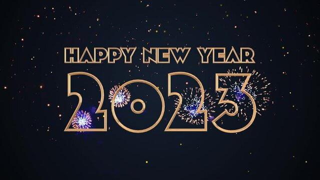 3D Text Happy new year 2022 TO 2023 in golden color with Real fireworks backgrounds