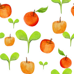 Watercolor hand drawn seamless pattern with red apples and leaves, isolated on white background. Design for cards, gift bags, invitations, textile, print, wallpaper, for children
