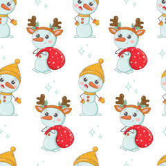 Cute christmas snowmen in knitted hats cartoon seamless pattern