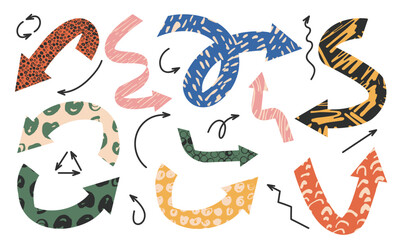 Vector set of arrows with different textures and shapes in contemporary style. Colorful grunge texture.