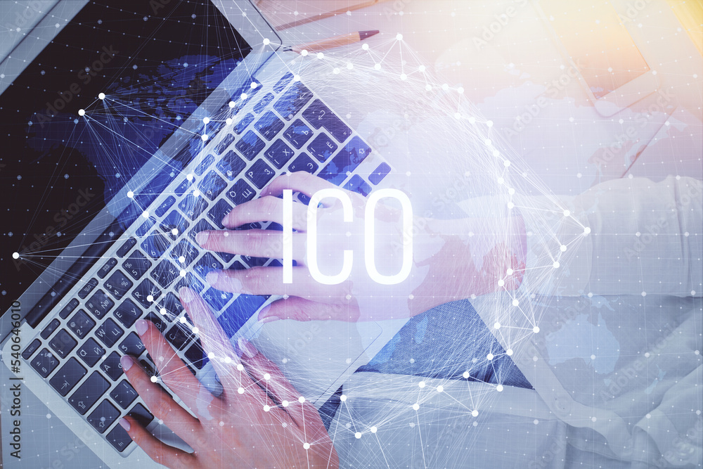Poster Double exposure of woman hands working on computer and blockchain theme hologram drawing. Top View. bitcoin cryptocurrency concept.