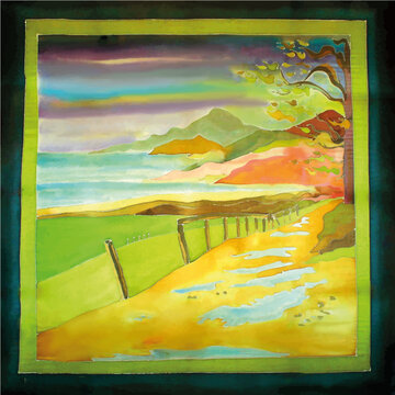 Ilustración de paisaje marino, camino hacia la playa con árbol y charcos, con marco decorativo, pintado a mano en pañuelo de seda
