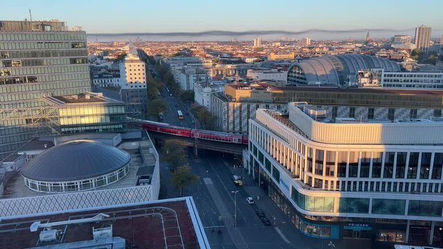 Berlin Bahnhof zoo station city view with train in early morning