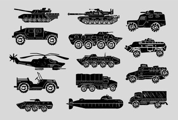 Military combat vehicles, transportation, and machine vector set. Artwork depicts army armored vehicle, tank, missile truck, bomber, attack helicopter, jet fighter, warship, boat, ship, and submarine.