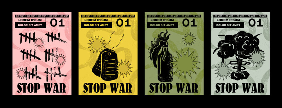 Anti-nuclear war propaganda poster. No to War, Stop War. Set of vector illustrations. Engraving, ink style. Poster, cover, t-shirt print. Military token, molotov cocktail, explosion