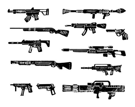 Big set of various weapons engraving, ink style set. Collection of various realistic firearms. Isolated assult rifles, sniper rifles, shotguns, handguns, machine guns, historical guns and other.