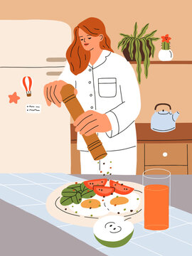 Girl cooking breakfast at home kitchen. Young woman in pajamas preparing morning dish with fried eggs, vegetables, adding sprinkling pepper on food. Cook process. Flat vector illustration