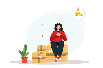 Young woman ordering delivery service via mobile app, online shopping concept, relocation concept, fast delivery service concept, flat vector illustration