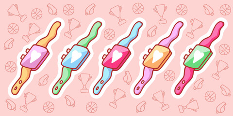 Hand-drawn set of fitness trackers or smartwatches in doodle cartoon style. Round composition in neutral candy colors. Cute element for card, social media banner, sticker decor. Vector illustration