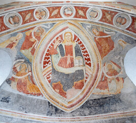 Fototapeta na wymiar BONDO, SWITZERLAND - JULY 21, 2022: The fresco of Jesus the Teacher in main apse of the St. Martins church from 15. cent.