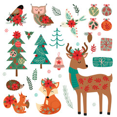 set of isolated winter animals and Christmas elements