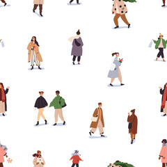 Fototapeta na wymiar People on winter street, seamless pattern. Endless background, characters with gifts, bags, walking, shopping for Christmas. Repeating texture, print of Xmas rush. Flat vector illustration for decor