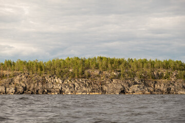 Ladoga lake. Panorama of the Republic of Karelia. Northern nature of Russia. Island with pines