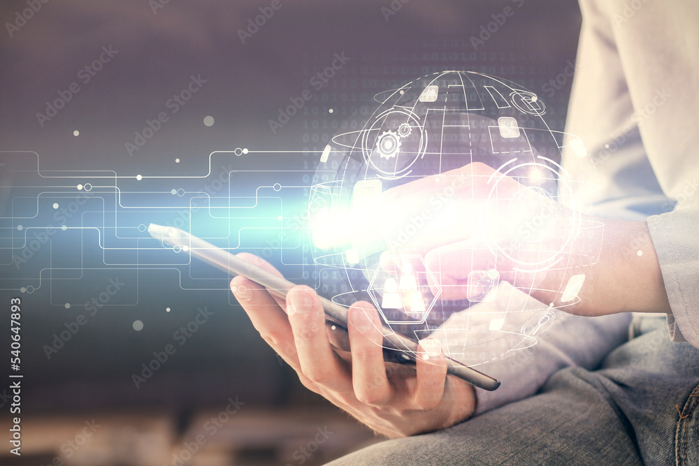 Poster double exposure of man's hands holding and using a phone and social network theme drawing.