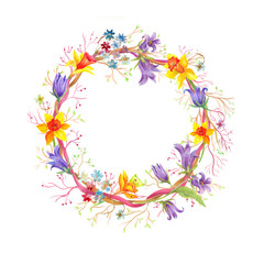 Watercolor wreath with  Easter elements. Transparent layer.