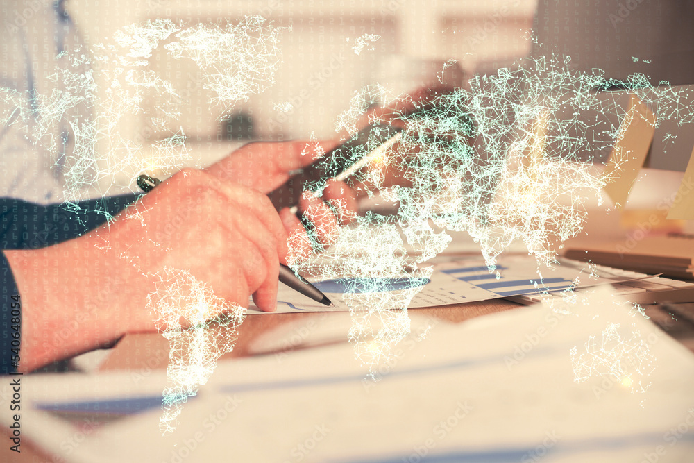 Poster double exposure of man's hands holding and using a phone and social network theme drawing.