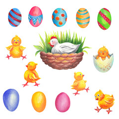 Watercolor set with  Easter elements. Transparent layer.