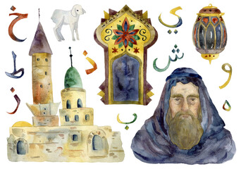 Arabic design elements set. Old man, ornate arch, lantern, lamb, architecture and Arabic alphabet letters. Watecolor illustration