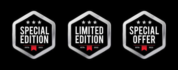 Obraz premium Hexagon label badge of special edition, limited edition, and special offer in elegant black background. silver vector metallic logo