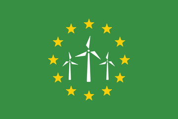 symbol of wind electric energy on green european union flag bakground. renewable sustainable energy