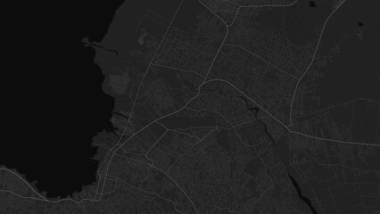 Dark black Port au Prince city area vector background map, roads and water illustration. Widescreen proportion, digital flat design.