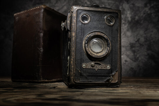 Vintage small box camera. Classic Rollbox, old fashioned retro style photographic equipment on August 9, 2022 in Miekinia, Poland.