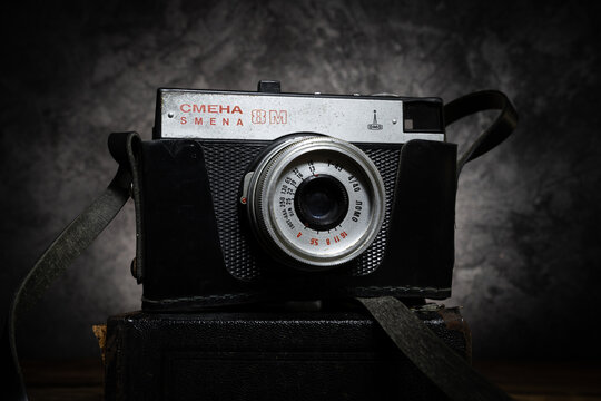 Smena 8M vintage camera. Smiena old fashioned retro style photographic equipment on August 9, 2022 in Miekinia, Poland.