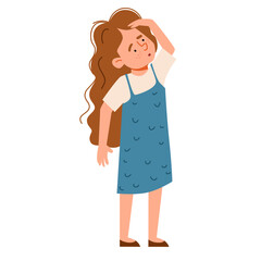 The character of the curly-haired girl looks into the distance. Vector illustration in a flat style on an isolated white background.