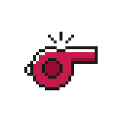 Referee whistle icon in pixel art design isolated on white background.