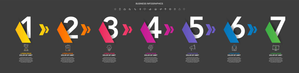 Modern vector flat illustration. Infographic numbers template with seven arrows, icons. Timeline designed for business, presentations, web design, interface, diagrams with 7 steps on black background