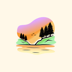 Beatiful lake landscape with pine tree and bird logo design vector illustration