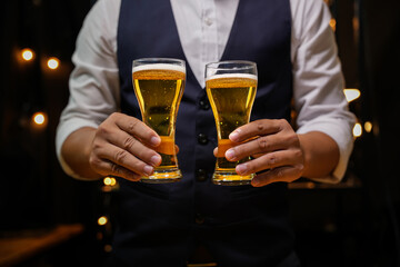 Bartender Serve beer, on wood bar, 