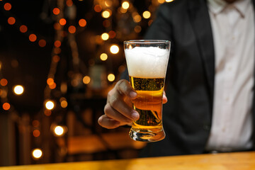 Bartender Serve beer, on wood bar, 