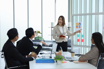 Asian business people meeting and talking in the room, businesswoman present in font of the board with discussion and participation