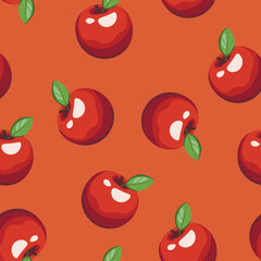 Seamless pattern with apple on color background. Natural delicious fresh tasty fruit. Vector illustration for print, fabric, textile, banner, other design. Stylized apples with leaves. Food concept