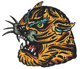 Tiger head portrait. Hand drawn graphic. Aggressive wild cat. Old school tattoo vector art