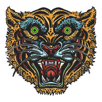 Angry tiger portrait. Aggressive wild cat. Old school tattoo vector art. Hand drawn graphic. Isolated on white. Traditional flash tattooing