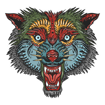 Angry wolf head. Old school tattoo vector art. Aggressive werewolf portrait. Gothic animal. Old school tattoo vector art. Hand drawn graphic. Isolated on white. Traditional flash tattooing