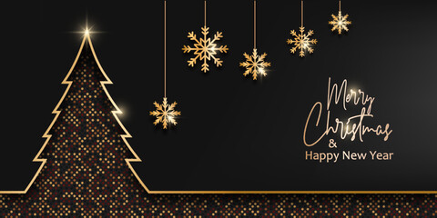 Merry Christmas and Happy New Year banner. Black background template with luxury golden line christmas tree, snowflake decoration and glitter effect