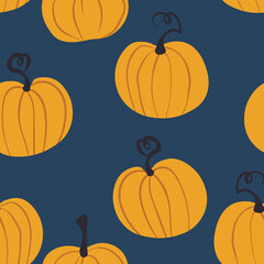 Seamless pattern with halloween pumpkins on color background. Scary and funny faces. Cute Pumpkin or ghost. Vector autumn holidays illustration
