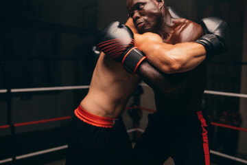 Male fighters fighting in a boxing ring - obrazy, fototapety, plakaty