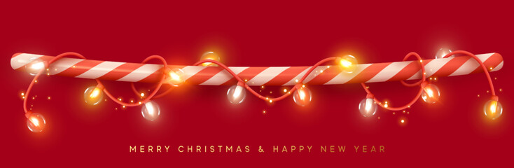 Christmas decorative light garland is wound on line red candy stick. String border holiday decor for web poster banner. Realistic 3d design of bright glowing lights glass lamps. Vector illustration © lauritta
