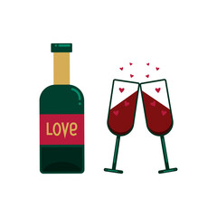 Bottle of red wine and two glasses and pink hearts. Vector illustration in flat style isolated.