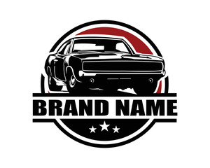 best front muscle car vector logo for badge, emblem, isolated on white background